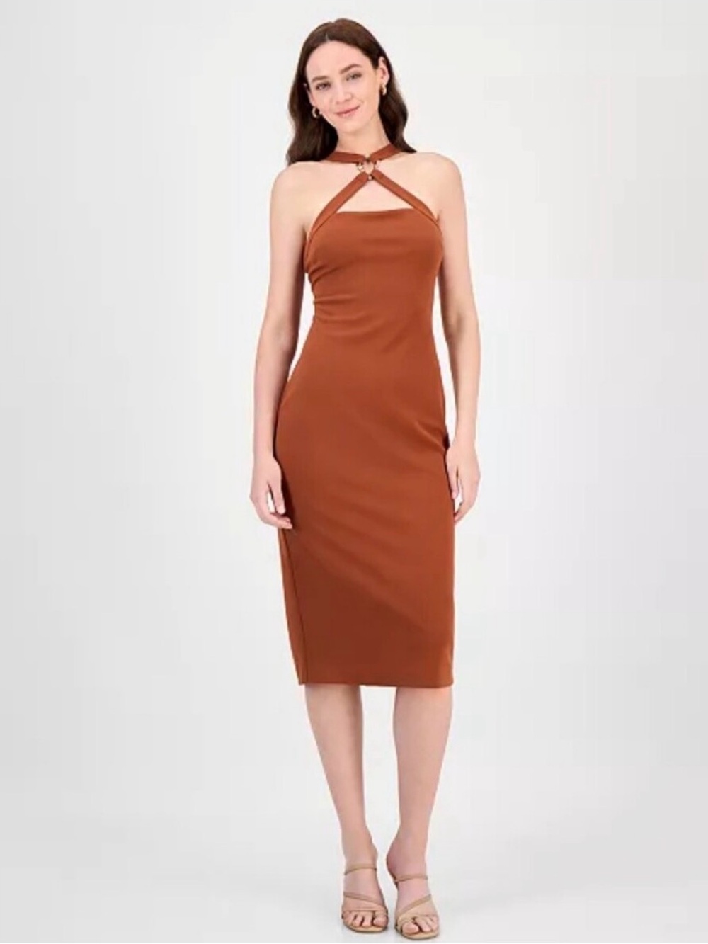 RACHEL Rachel Roy Rust Halter Midi Dress with Ring Detail